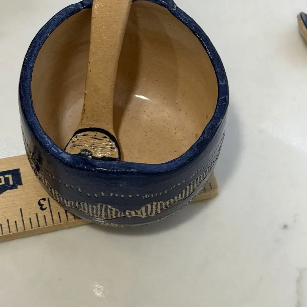 Sylvia Lawson NC Pottery Blue Sgrafitto Salt Cellar w Spoon Jar Pilot Mountain